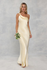 The Zafira One Shoulder Satin Maxi Dress Yellow