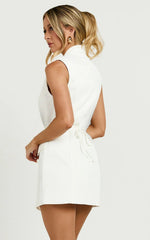 Romeo Mini Dress Front Tie Collared Flap Pocket Dress in White