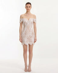Off Shoulder Lace Mini Dress - White