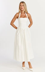 Helda Midi Dress Halter Tie Neck Corset Panel Dress in Off White