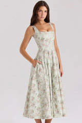sage floral print cotton midi dress