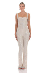 Sequin Back Tie Jumpsuit in Champagne