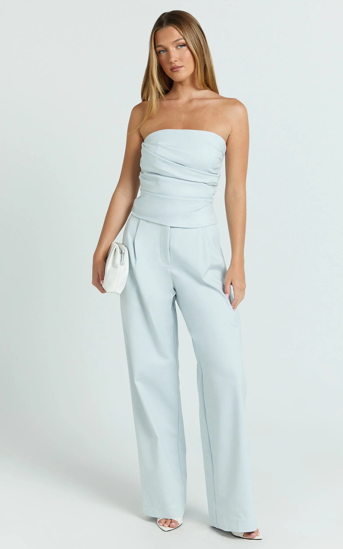 Ella Two Piece Set - Ruched Strapless Top and Tailored Pants in Blue