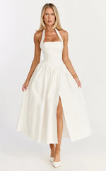 Helda Midi Dress Halter Tie Neck Corset Panel Dress in Off White