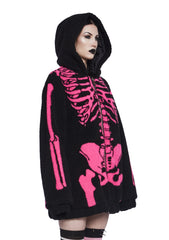 Baring It All Skeleton Hooded Sherpa Jacket - Pink