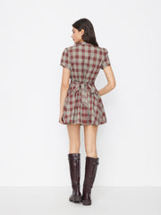 Plaid Stand Collar Puff Sleeve Tie Back Button Mini Dress