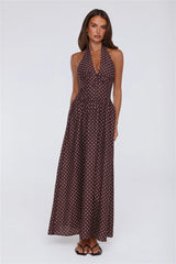 Yes To Polka Dots Halter Maxi Dress Brown