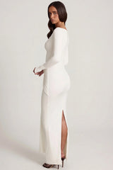 Soft Jersey Boat-Neck Tie-Gather Maxi Dress in White