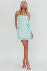 Standing Out Ruffle Rosette Trim Sequin Mini Dress Mint