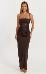 Rania Maxi Dress Contrast Lace Bodice Bias Cowl Drop Waist Dress in Chocolate