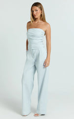 Ella Two Piece Set - Ruched Strapless Top and Tailored Pants in Blue