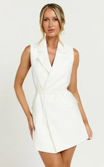 Romeo Mini Dress Front Tie Collared Flap Pocket Dress in White