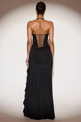 Embellished Cowl-Neck Ruffled Gown Dress in Black