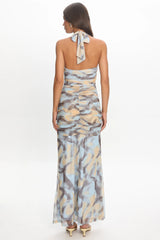 Luli Ruched Halterneck Maxi Dress Abstract Light Blue