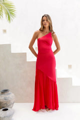 Chase The Thrill One Shoulder Satin Maxi Dress Red