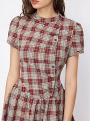 Plaid Stand Collar Puff Sleeve Tie Back Button Mini Dress