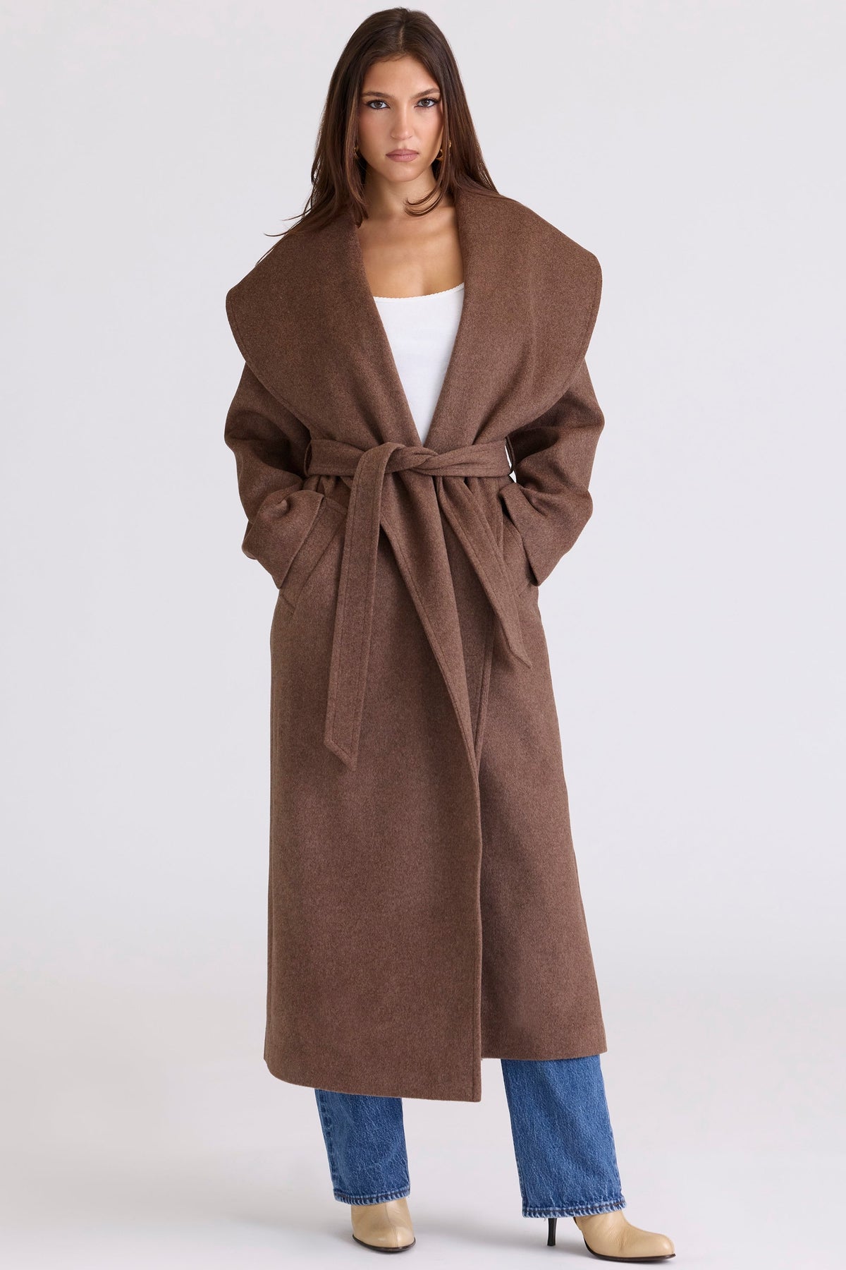 brown wool shawl collar coat