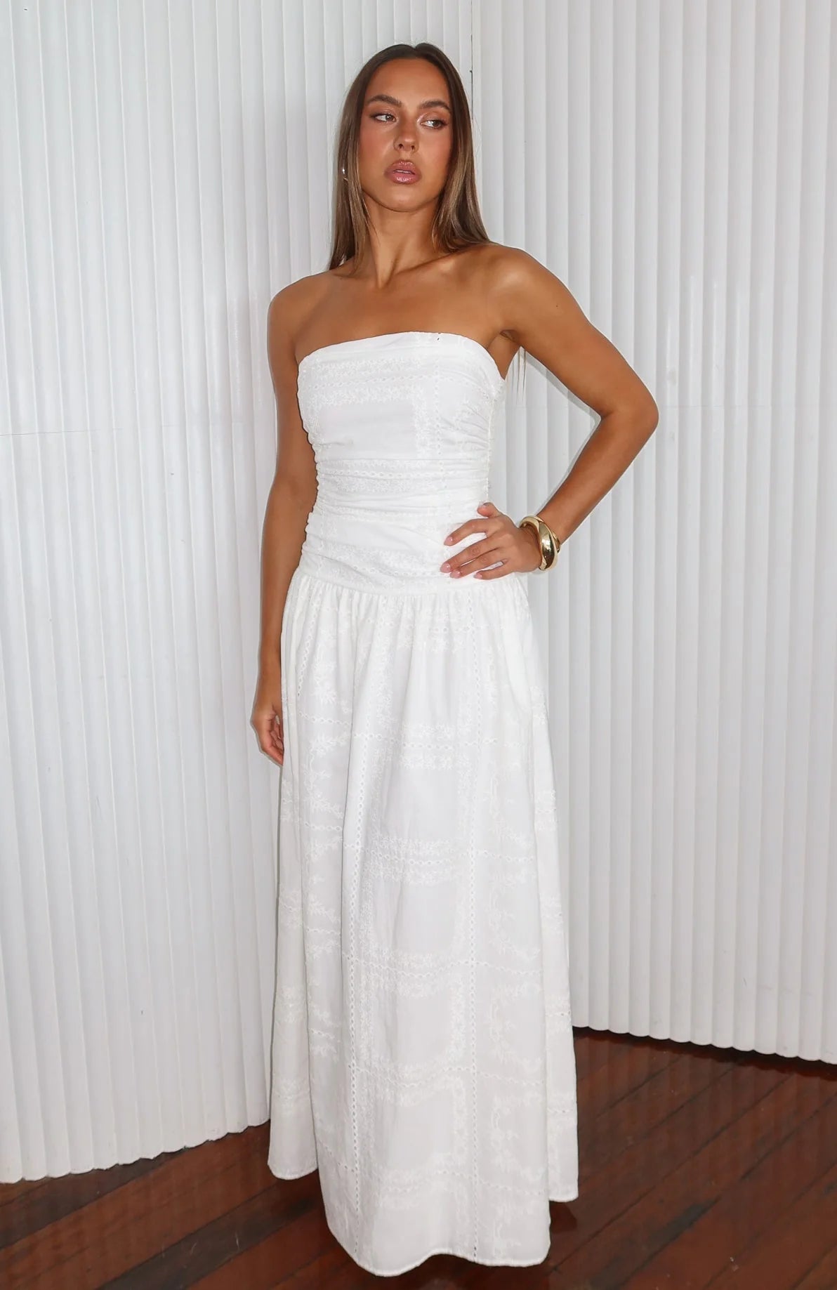 Bittersweet Babe Strapless Broderie Maxi Dress White