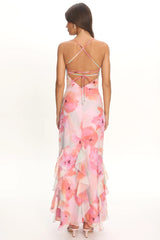 Charlisa Strappy Back Ruffle Maxi Dress Flowers Pink