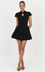 Bonnita Mini Dress - Fit And Flare Cap Sleeve Dress With Keyhole Cutout Detail in Black