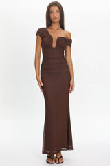 Raeva Ruched U-Neckline Maxi Dress Chocolate