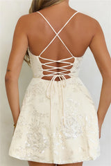 Shining Star Sequin Lace Up Back Mini Dress Cream