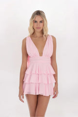 PLUNGE NECK RUFFLE DRESS