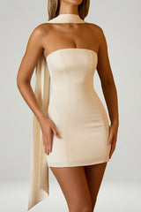 Scarf-Detail Strapless A-Line Mini Dress in Ivory