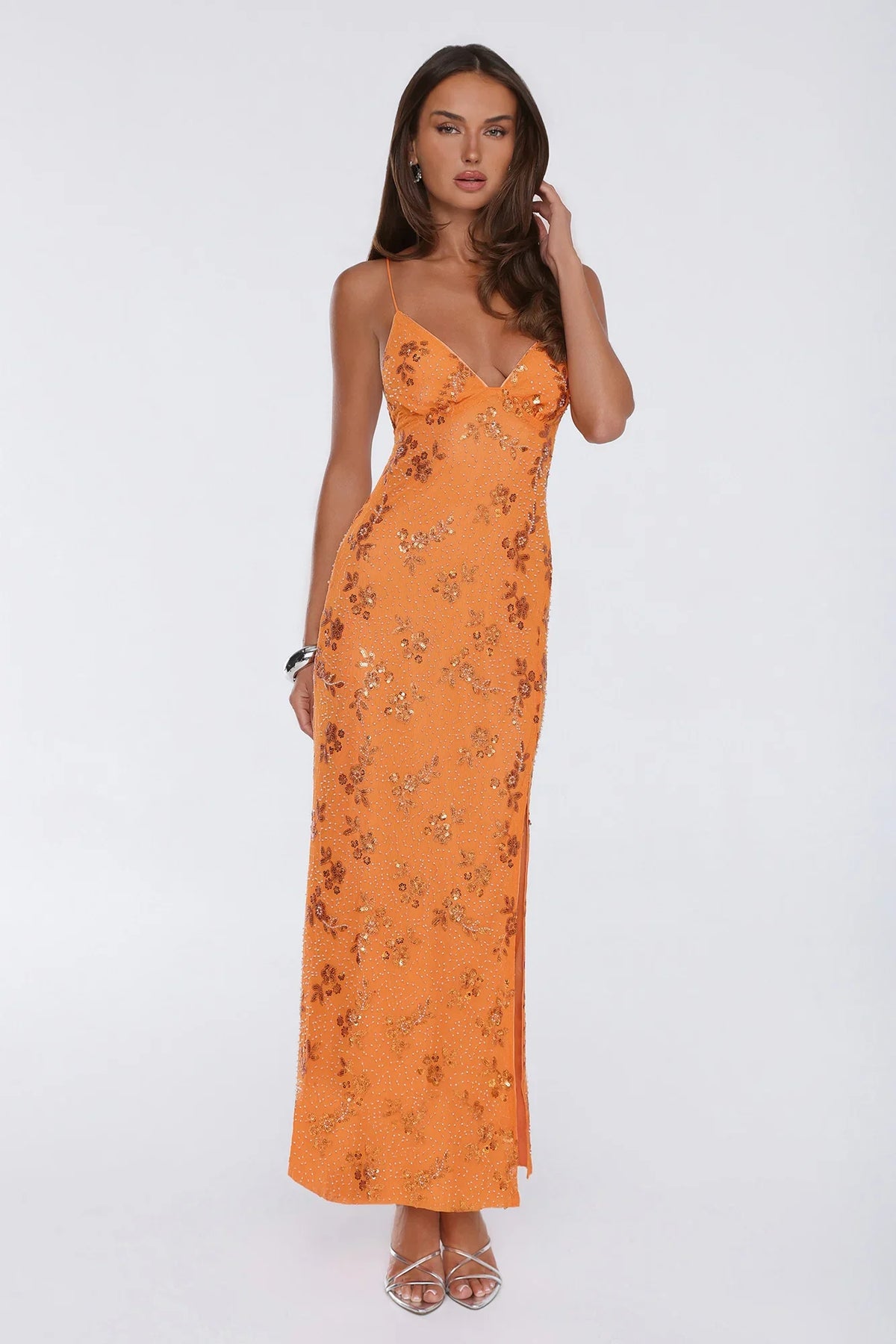 Stay Magnetic Mesh Beaded Maxi Dress Orange