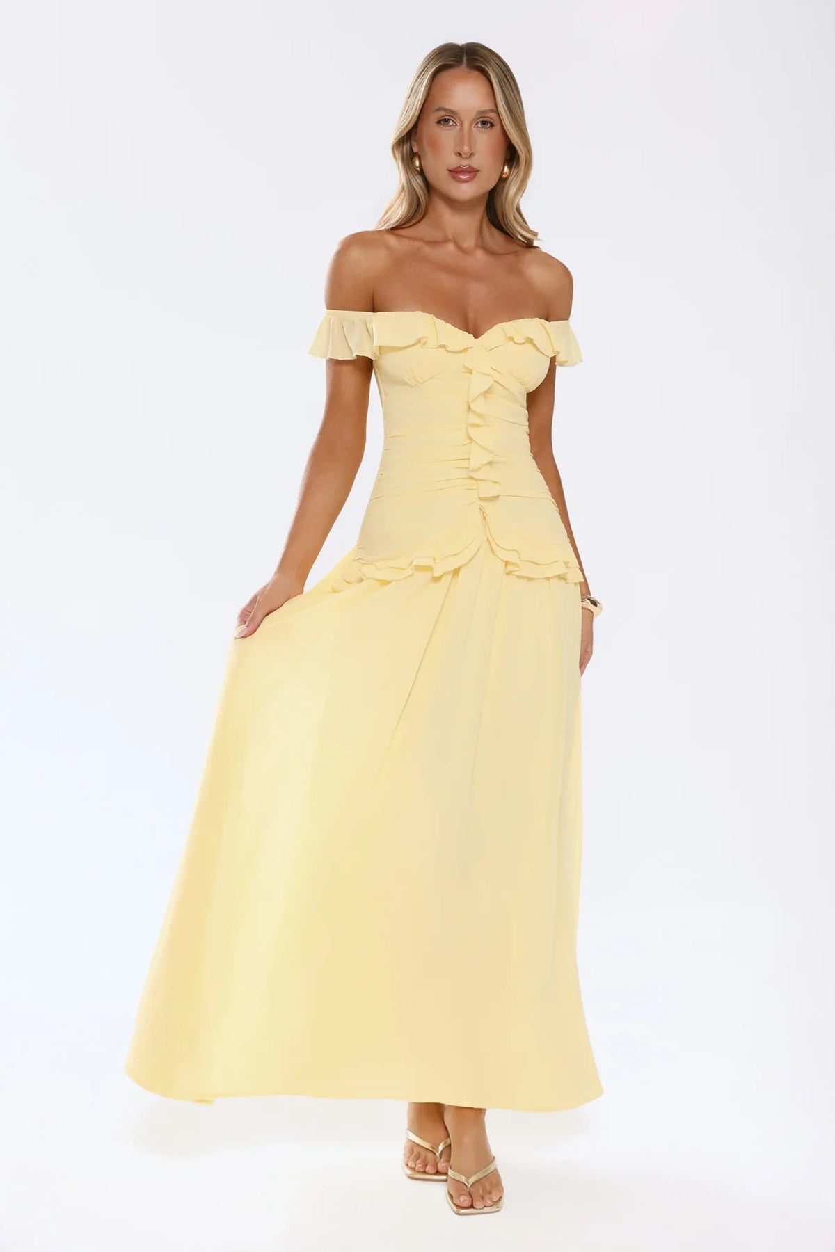 Radiant Poise Off Shoulder Maxi Dress Yellow