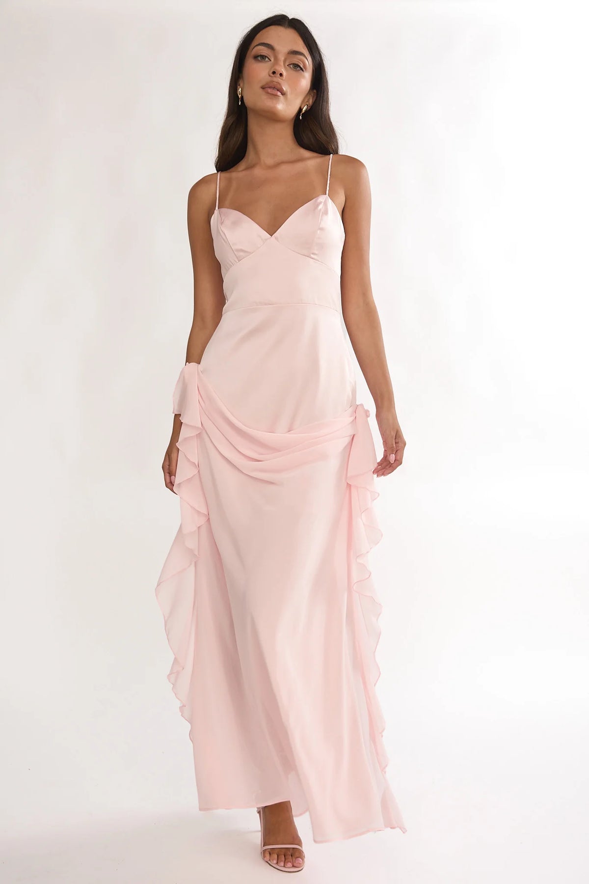 Rivena Rosette Chiffon Drape Maxi Dress Pink