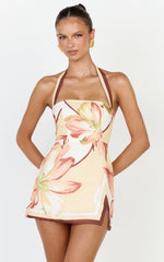 Robyn Mini Dress Square Neck Halter Neck Faux Wrap Dress in Retro Flower Border Print
