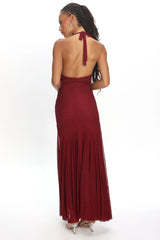 Endira Halter Sheer Hem Midi Dress Burgundy
