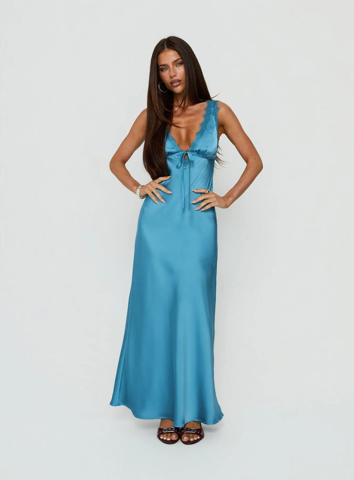 Damelia Tie Detail Lace Trim Maxi Dress Blue
