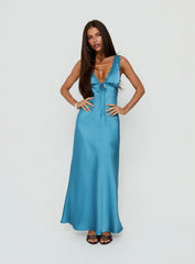 Damelia Tie Detail Lace Trim Maxi Dress Blue