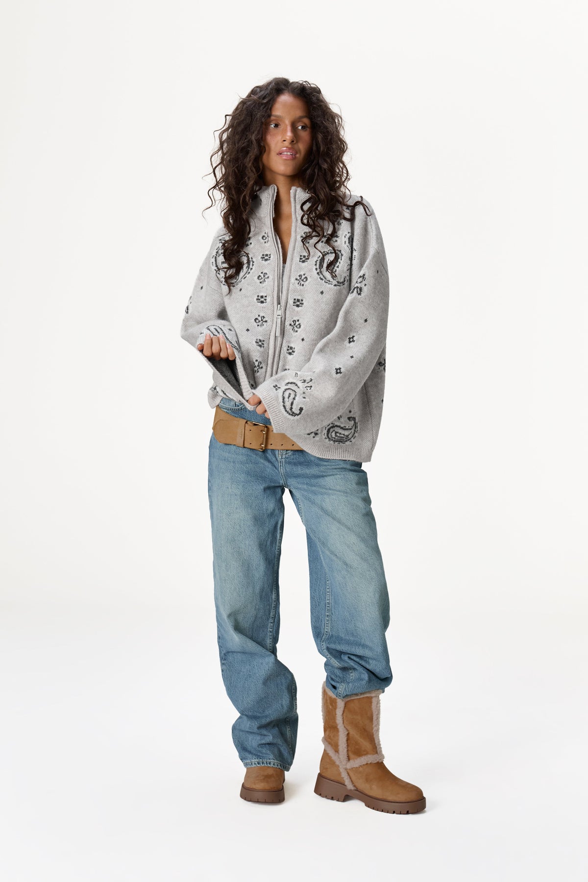Buffy Paisley Knit Zip Up in Light Grey