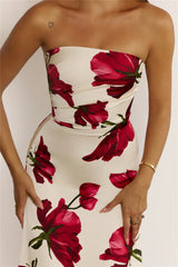 Floral Satin Strapless Folded Maxi Dress Red