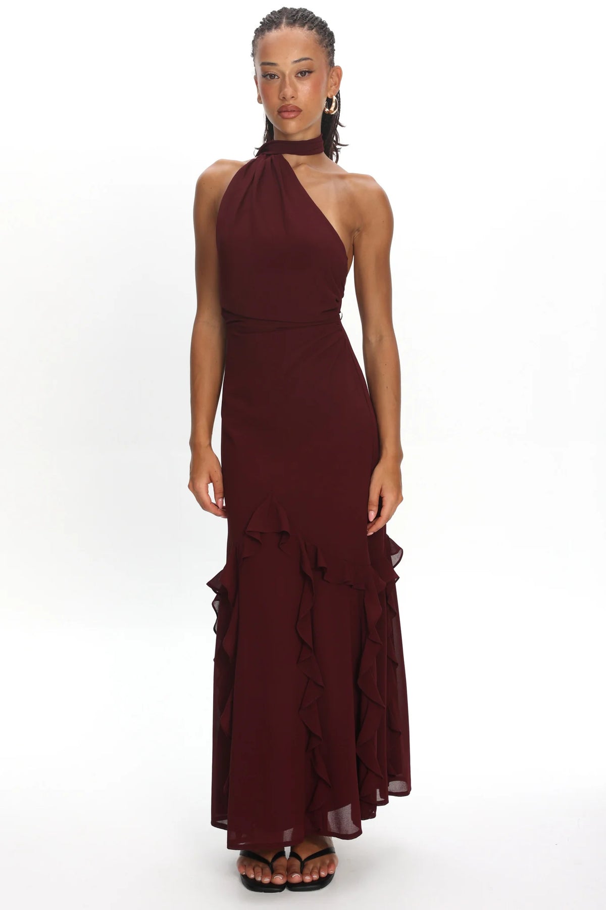 Lorielle One-Shoulder Ruffle Trim Maxi Dress Wine