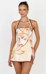 Robyn Mini Dress Square Neck Halter Neck Faux Wrap Dress in Retro Flower Border Print