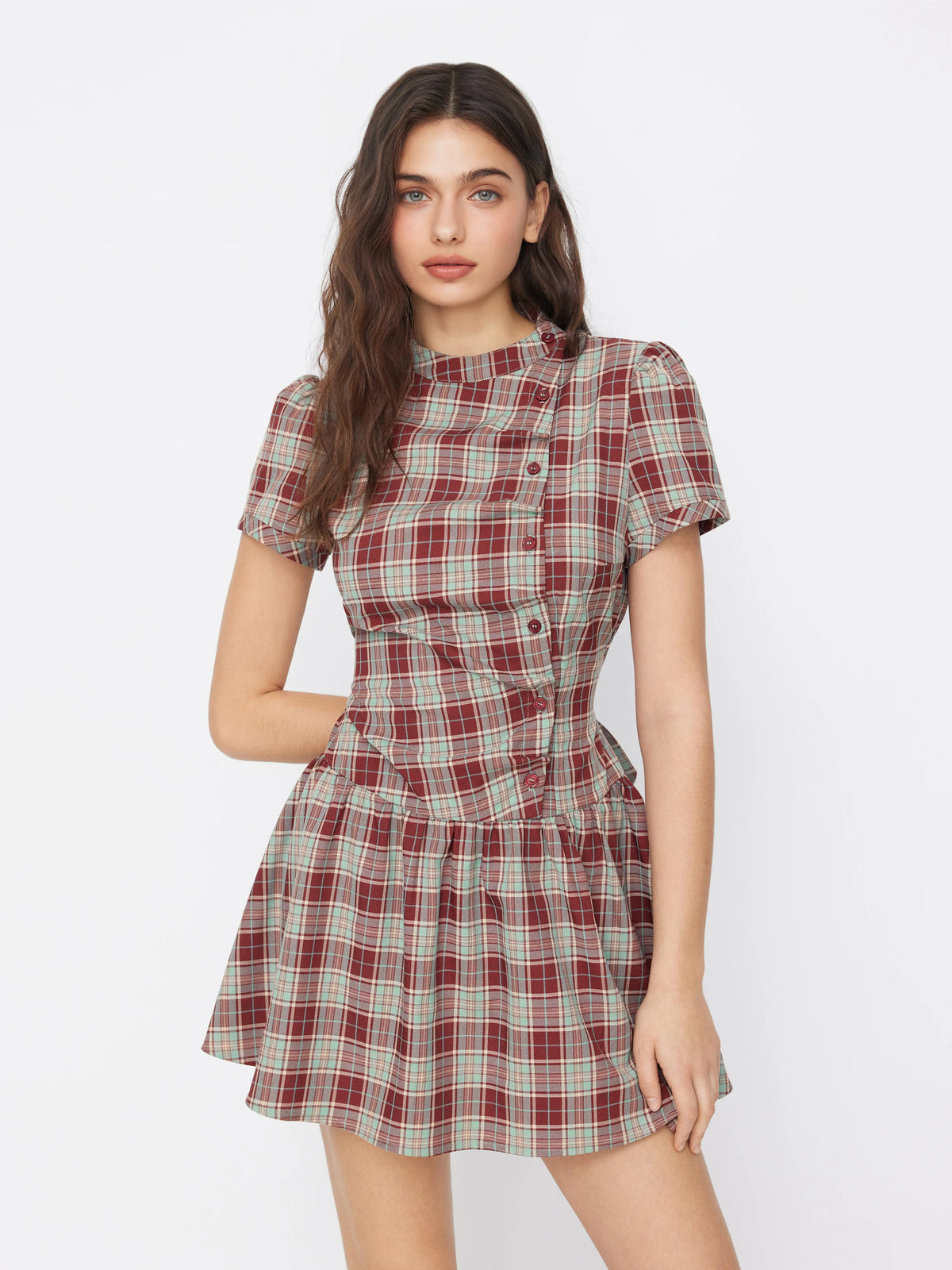 Plaid Stand Collar Puff Sleeve Tie Back Button Mini Dress