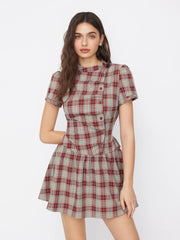 Plaid Stand Collar Puff Sleeve Tie Back Button Mini Dress