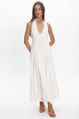 Claudette Halterneck Lace Trim Maxi Dress White