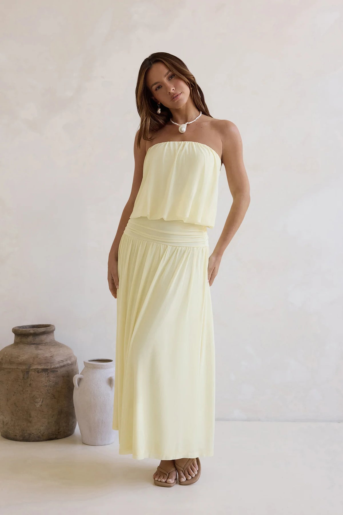 Calling Me Mesh Strapless Maxi Dress Yellow
