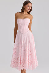 Belissa Pink Strapless Custom Lace + Broderie Anglaise Midi Dress