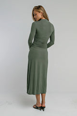 Ruth Ruched Midi Dress in Olive