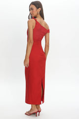Heating Up Asymmetric Neckline Maxi Dress Red