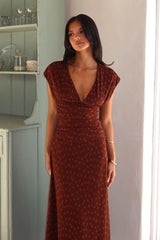 Novia Ruched Bodice Maxi Dress Embroidered Chocolate