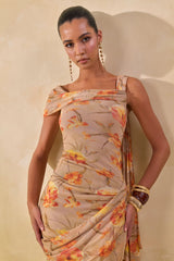 Afton | Orange Floral Mesh Asymmetric-Neck Maxi Dress With Sash Detail