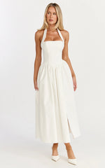 Helda Midi Dress Halter Tie Neck Corset Panel Dress in Off White