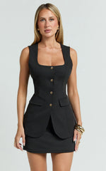 Phyllis Two Piece Set Tailored Scoop Neck Vest Top and A Line Mini Skirt Set with Gold Buttons in Black